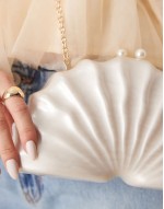textured pearlecent clutch bag with detatchable chain strap in cream