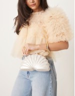 textured pearlecent clutch bag with detatchable chain strap in cream