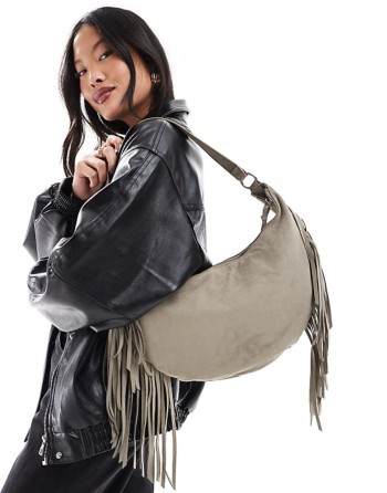 rounded boho faux suede  tassle bag in khaki