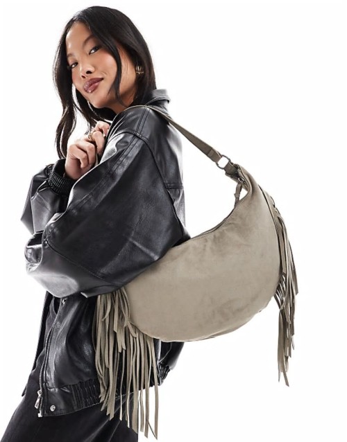 rounded boho faux suede  tassle bag in khaki