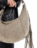 rounded boho faux suede  tassle bag in khaki