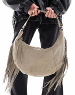 rounded boho faux suede  tassle bag in khaki