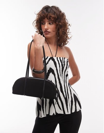 leather suede two handle curve shoulder bowling bag in black