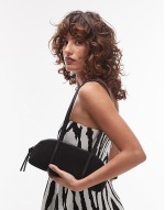 leather suede two handle curve shoulder bowling bag in black