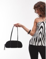 leather suede two handle curve shoulder bowling bag in black