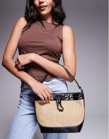 straw bucket shoulder bag with contrast stitching in black
