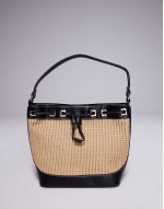 straw bucket shoulder bag with contrast stitching in black