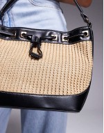 straw bucket shoulder bag with contrast stitching in black