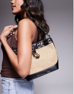 straw bucket shoulder bag with contrast stitching in black