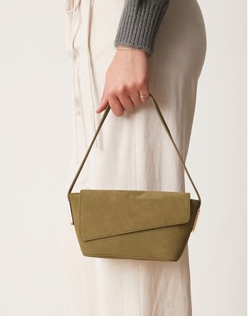suede asymmetric flap shoulder bag with strap hardware in khaki