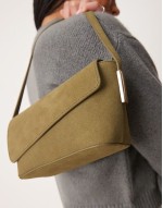 suede asymmetric flap shoulder bag with strap hardware in khaki
