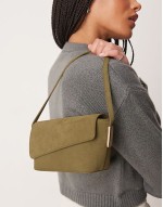 suede asymmetric flap shoulder bag with strap hardware in khaki