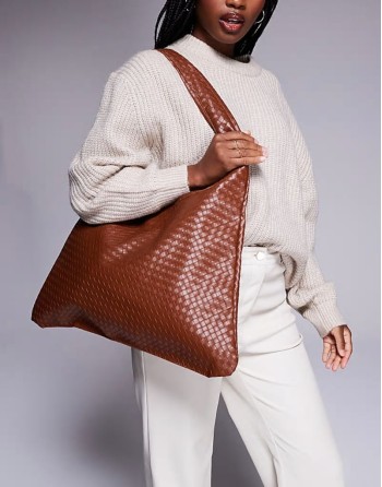 slouchy shoulder tote bag in brown woven