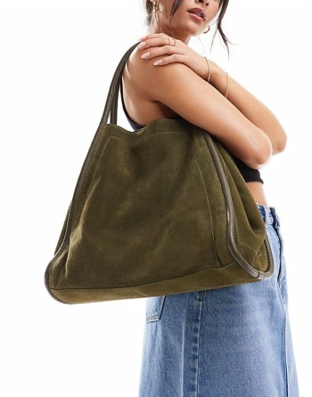 suede tote bag with tubular piping in forest green