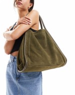 suede tote bag with tubular piping in forest green