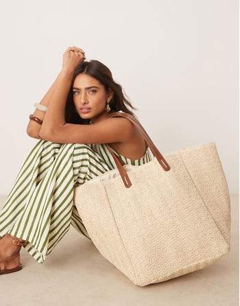 straw oversized tote bag with pu handles
