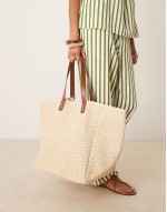 straw oversized tote bag with pu handles