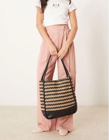 stripe straw tote bag in black and natural
