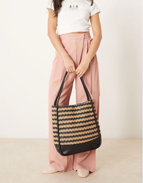 stripe straw tote bag in black and natural