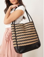 stripe straw tote bag in black and natural