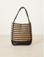 stripe straw tote bag in black and natural