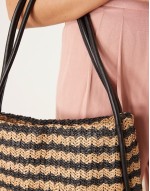 stripe straw tote bag in black and natural