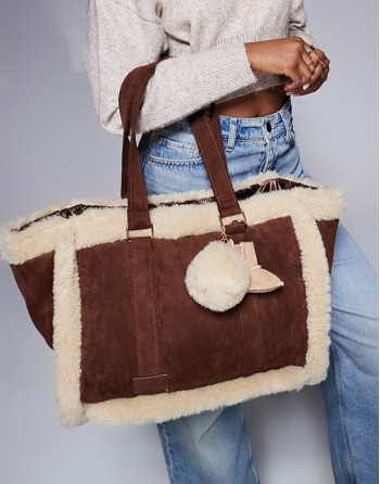 faux fur trim shopper bag in brown