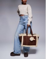 faux fur trim shopper bag in brown