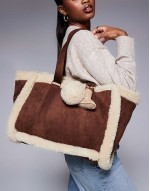 faux fur trim shopper bag in brown